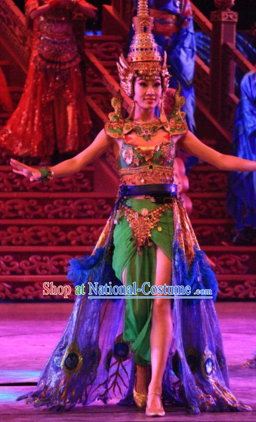 Chinese Back to Song Dynasty Ethnic Dance Green Dress Stage Performance Costume and Headpiece for Women