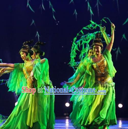 Chinese Back to Song Dynasty Classical Dance Green Dress Stage Performance Costume and Headpiece for Women