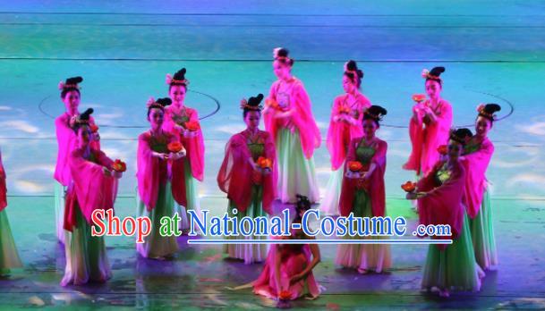 Chinese Back to Song Dynasty Classical Lotus Dance Green Dress Stage Performance Costume and Headpiece for Women