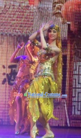 Chinese Back to Song Dynasty Indian Dance Yellow Dress Stage Performance Costume for Women