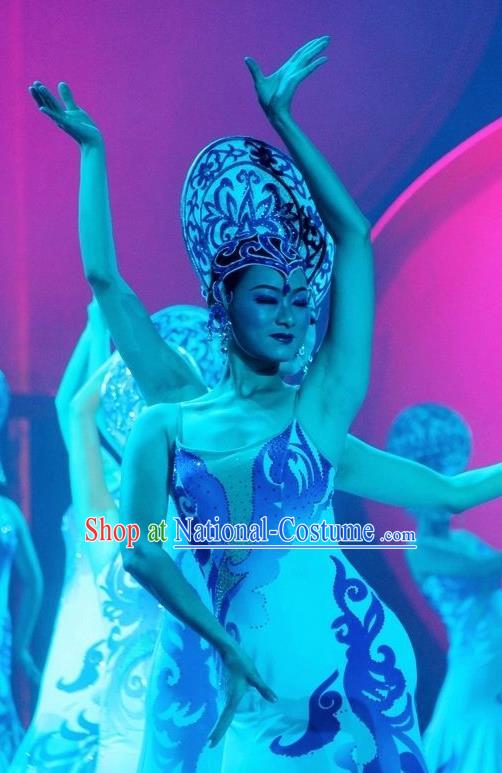 Chinese Magic Ganpo Classical Dance Dress Stage Performance Costume and Headpiece for Women