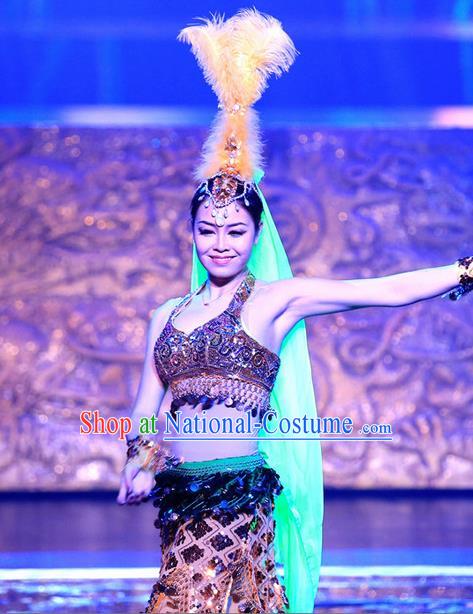 Chinese Magic Ganpo Impression Indian Dance Dress Stage Performance Costume and Headpiece for Women