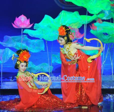 Chinese Magic Ganpo Impression Classical Dance Red Dress Stage Performance Costume and Headpiece for Women