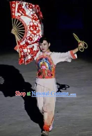 Chinese Sutras In The Golden Hill Folk Fan Dance Dress Stage Performance Costume and Headpiece for Women