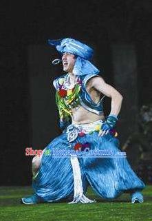 Chinese Dragon Boat Tujia Nationality Ethnic Dance Stage Performance Blue Costume for Men