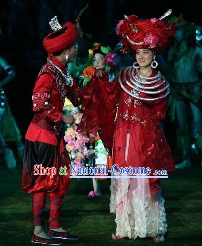 Chinese Dragon Boat Song Tujia Nationality Ethnic Wedding Stage Performance Dance Costumes for Women for Men