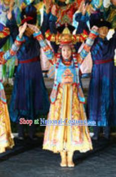 Chinese Kangxi Ceremony Qing Dynasty Mongol Nationality Dance Dress Stage Performance Costume for Women