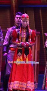 Chinese Impression of Going East To Native Land Mongol Nationality Torghut Bride Red Dress Stage Performance Costume for Women