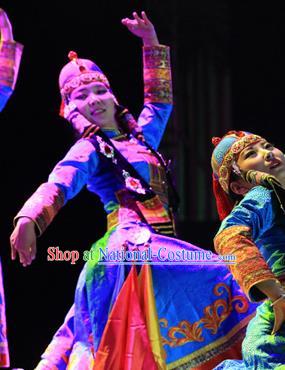 Chinese Impression of Going East To Native Land Mongol Nationality Torghut Dance Blue Dress Stage Performance Costume for Women