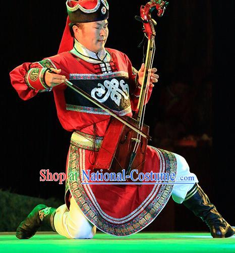 Chinese Impression of Going East To Native Land Mongol Nationality Stage Performance Folk Dance Red Costume for Men