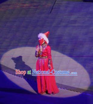 Chinese Buddha Pilgrimages Eastward Ethnic Dance Red Dress Stage Performance Costume for Women