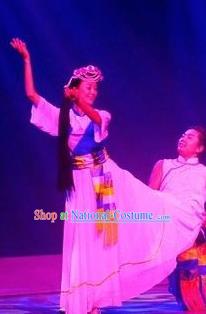 Chinese Impression of Lijiang Naxi Nationality Ethnic Dance Dress Stage Performance Costume and Headpiece for Women