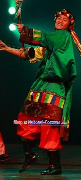 Chinese Impression of Lijiang Zang Nationality Ethnic Dance Green Robe Stage Performance Costume for Men