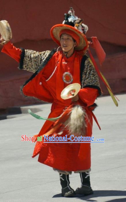 Chinese Impression of Lijiang Naxi Nationality Ethnic Dance Red Clothing Stage Performance Costume for Men