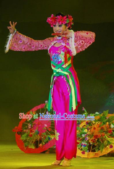 Chinese Hui Nationality Wedding Ethnic Bride Dance Rosy Dress Stage Performance Costume and Headpiece for Women