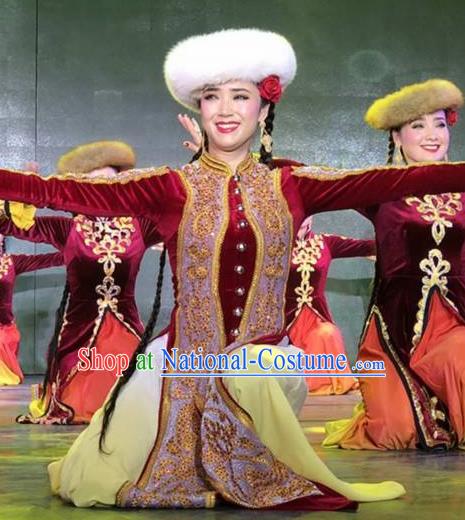 Chinese Silk Road Uyghur Nationality Dance Red Dress Ethnic Stage Performance Costume for Women