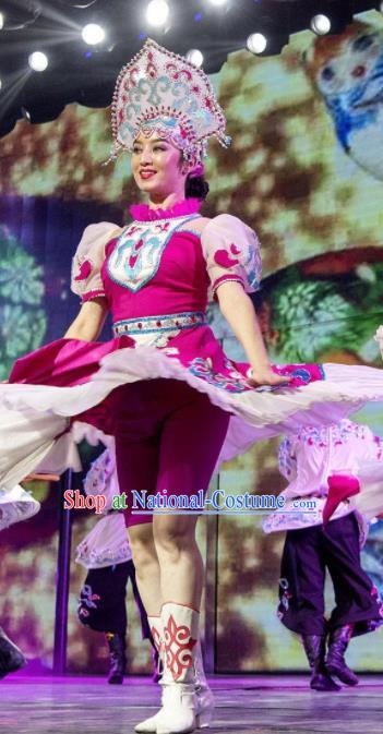 Chinese Silk Road Daur Nationality Dance Rosy Dress Ethnic Stage Performance Costume for Women