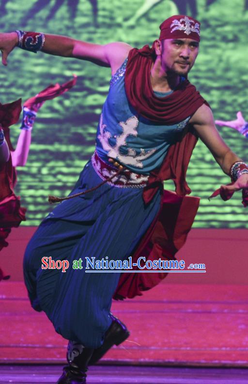 Chinese Silk Road Uyghur Nationality Dance Blue Clothing Ethnic Stage Performance Costume for Men