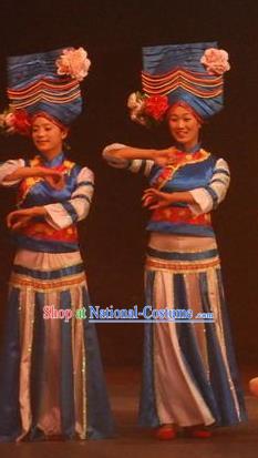 Chinese Lishui Jinsha Yi Nationality Dance Blue Dress Ethnic Stage Performance Costume and Headpiece for Women