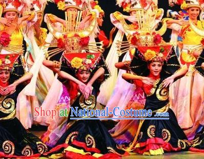 Chinese Lishui Jinsha Yi Nationality Dance Dress Ethnic Stage Performance Costume and Headpiece for Women