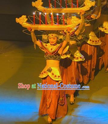 Chinese Lishui Jinsha Dai Nationality Dance Dress Ethnic Stage Performance Costume and Headpiece for Women