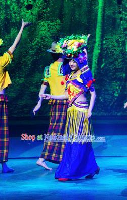 Chinese Lishui Jinsha Yi Nationality Dance Blue Dress Ethnic Stage Performance Costume and Headpiece for Women