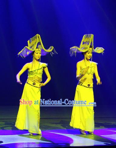 Chinese Lishui Jinsha Dai Nationality Dance Yellow Dress Ethnic Stage Performance Costume and Headpiece for Women