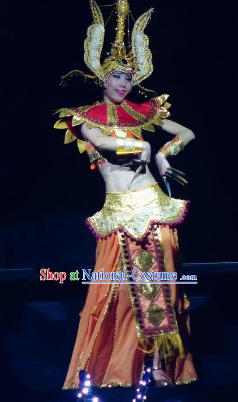 Chinese Lishui Jinsha Dai Nationality Dance Dress Ethnic Stage Performance Costume and Headpiece for Women