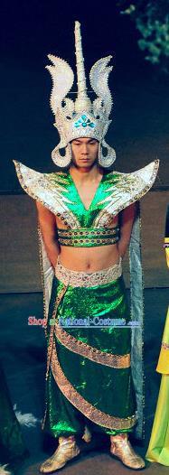 Chinese Lishui Jinsha Dai Nationality Dance Green Clothing Ethnic Wedding Stage Performance Costume for Men