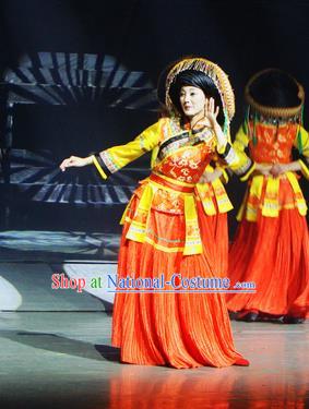 Chinese Lishui Jinsha Bai Nationality Dance Red Dress Ethnic Wedding Stage Performance Costume and Headpiece for Women