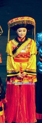 Chinese Lishui Jinsha Bai Nationality Dance Red Dress Ethnic Wedding Stage Performance Costume and Headpiece for Women