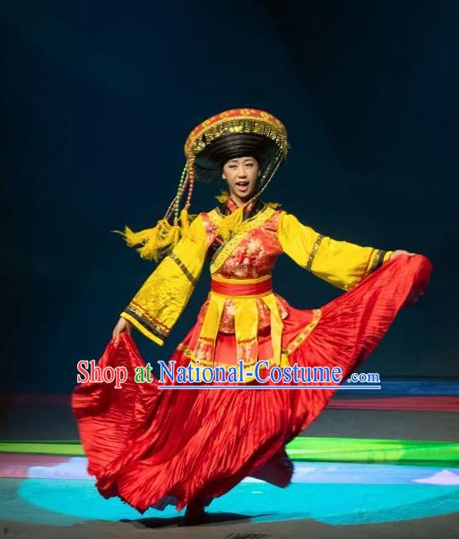 Chinese Lishui Jinsha Bai Nationality Dance Red Dress Ethnic Wedding Stage Performance Costume and Headpiece for Women