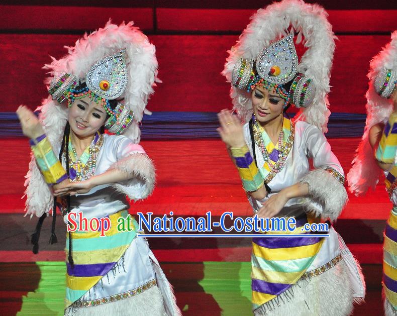 Chinese Lishui Jinsha Zang Nationality Dance White Dress Ethnic Stage Performance Costume and Headpiece for Women