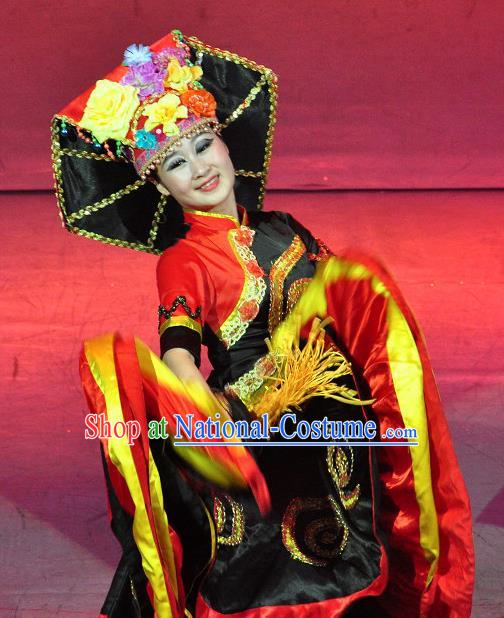 Chinese Lishui Jinsha Yi Nationality Dance Black Dress Ethnic Wedding Stage Performance Costume and Headpiece for Women