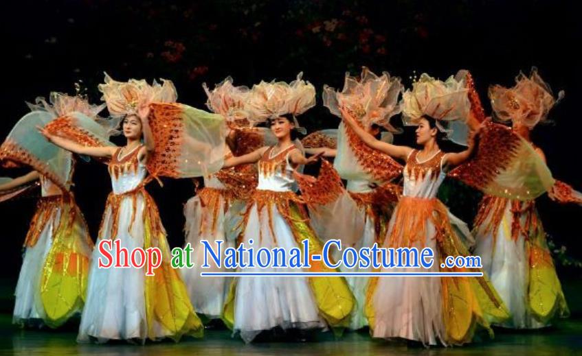 Chinese Lishui Jinsha Classical Dance White Dress Stage Performance Costume and Headpiece for Women