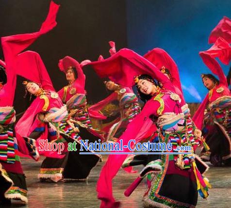 Chinese Lishui Jinsha Zang Nationality Dance Rosy Dress Ethnic Stage Performance Costume and Headpiece for Women