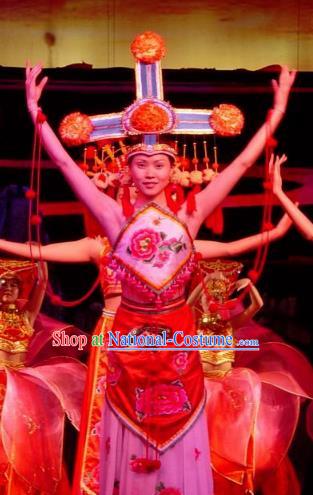 Chinese Lishui Jinsha Zhuang Nationality Dance Dress Ethnic Stage Performance Costume and Headpiece for Women