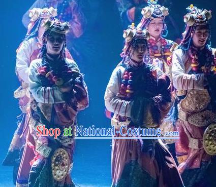 Chinese Encounter Shangri La Impression Tibetan Ethnic Dance Robe Stage Performance Costume and Headpiece for Women