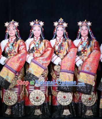 Chinese Encounter Shangri La Impression Tibetan Ethnic Dance Red Robe Stage Performance Costume and Headpiece for Women