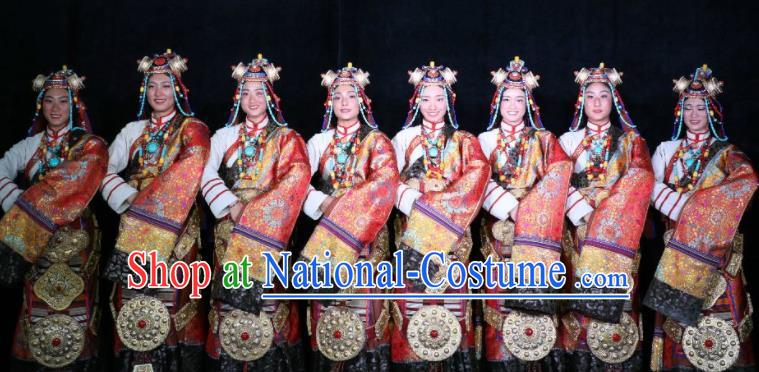 Chinese Encounter Shangri La Impression Tibetan Ethnic Dance Red Robe Stage Performance Costume and Headpiece for Women