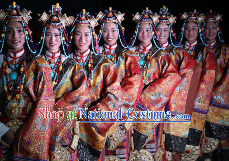 Chinese Encounter Shangri La Impression Tibetan Ethnic Dance Red Robe Stage Performance Costume and Headpiece for Women