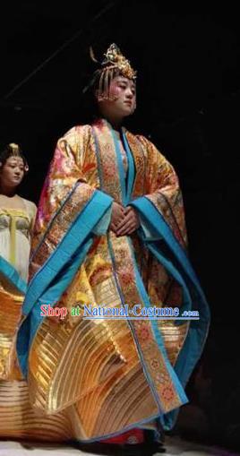 Chinese Encore Dunhuang Tang Dynasty Queen Dance Golden Dress Stage Performance Costume and Headpiece for Women