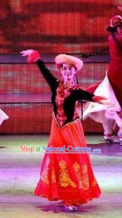 Chinese Turpan Festival Uyghur Nationality Dance Red Dress Stage Performance Ethnic Costume and Headpiece for Women