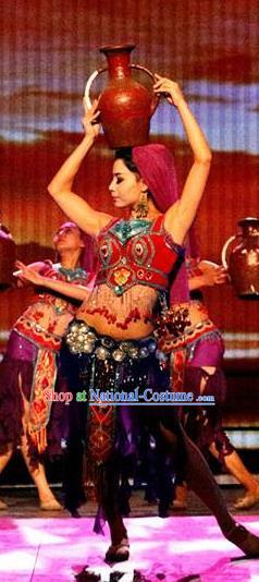 Chinese Turpan Festival Uyghur Nationality Dance Dress Stage Performance Ethnic Costume and Headpiece for Women