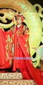 Chinese Shapotou Celebration Han Dynasty Empress Wedding Red Dress Stage Performance Costume and Headpiece for Women