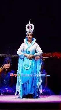 Chinese Shapotou Celebration Hui Nationality Dance Blue Dress Ethnic Stage Performance Costume and Headpiece for Women