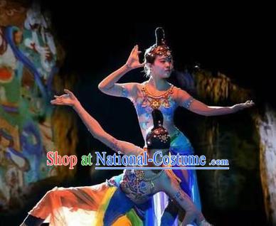 Chinese Encore Dunhuang Classical Dance Blue Dress Stage Performance Costume and Headpiece for Women