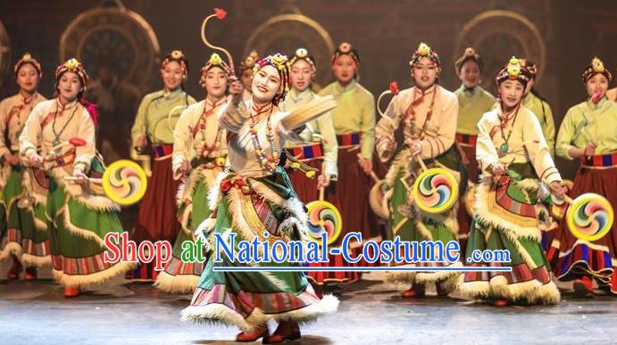 Chinese Encounter Shangri La Impression Tibetan Ethnic Dance Green Robe Stage Performance Costume and Headpiece for Women