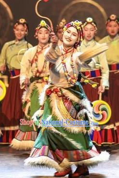 Chinese Encounter Shangri La Impression Tibetan Ethnic Dance Green Robe Stage Performance Costume and Headpiece for Women