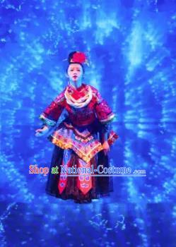 Chinese Jin Show Dan Zhai Miao Nationality Folk Dance Dress Stage Performance Costume and Headpiece for Women